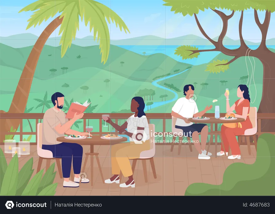 Guests enjoying food at exotic resort  Illustration