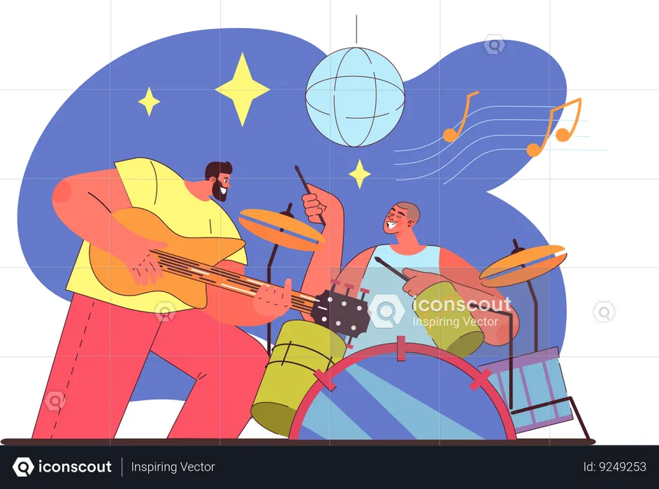 Guitar player and drummer playing music in music concert  Illustration