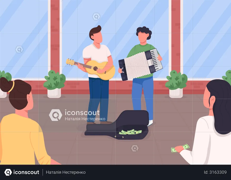 Guitarist and accordion player earn money  Illustration