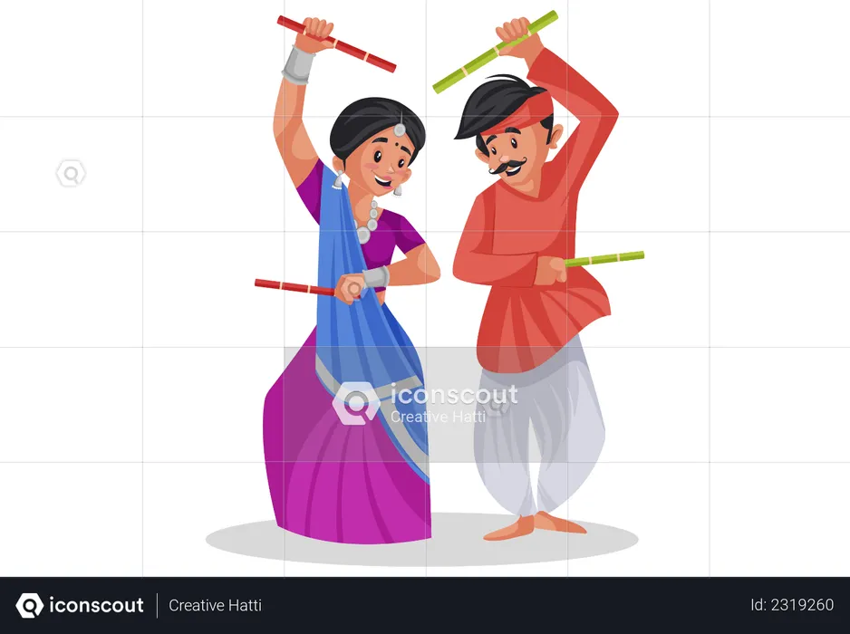 Gujarati couple playing raas garba  Illustration