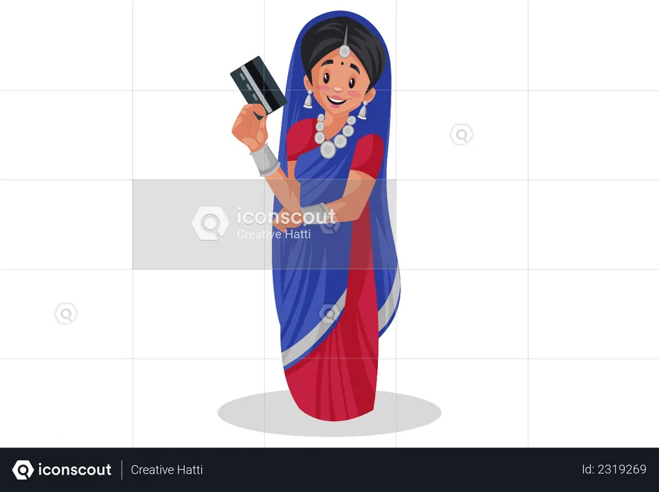 Gujarati-Mädchen hält Bankkarte in der Hand  Illustration