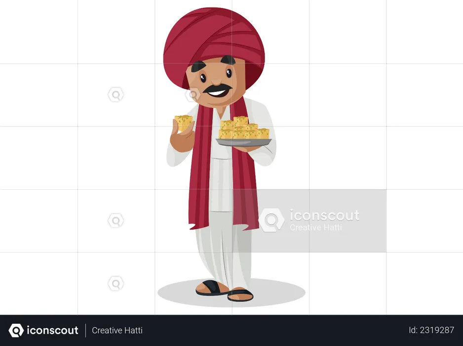 Gujarati man eating indian sweet  Illustration
