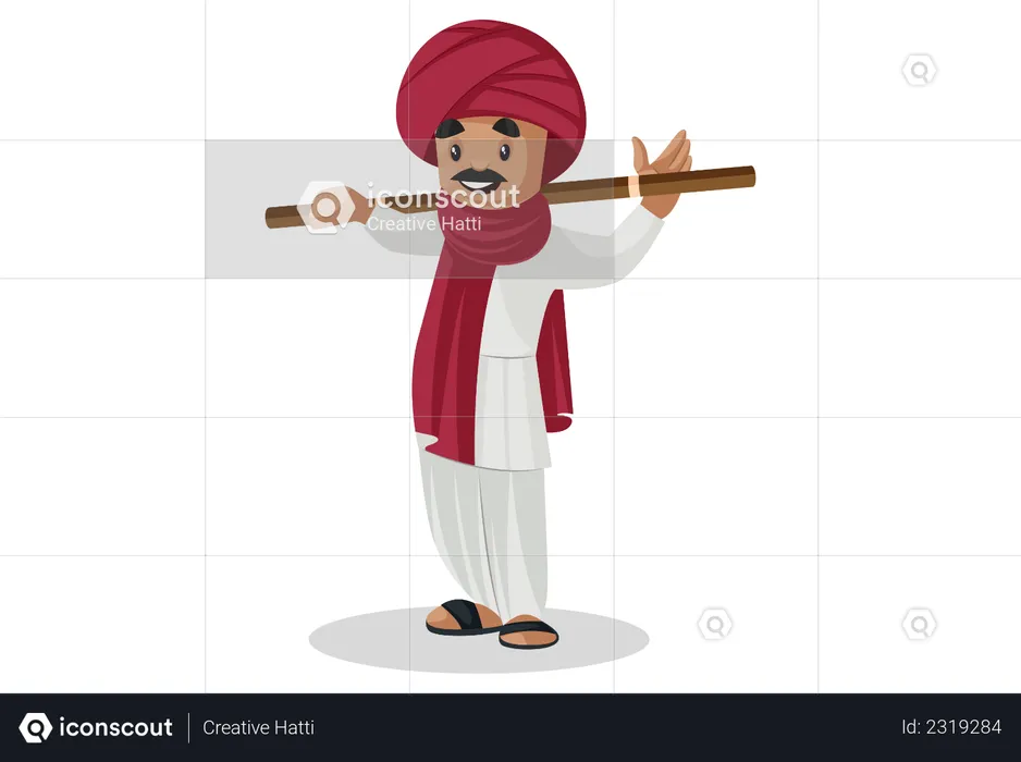 Gujarati man standing and placed stick on his shoulder  Illustration