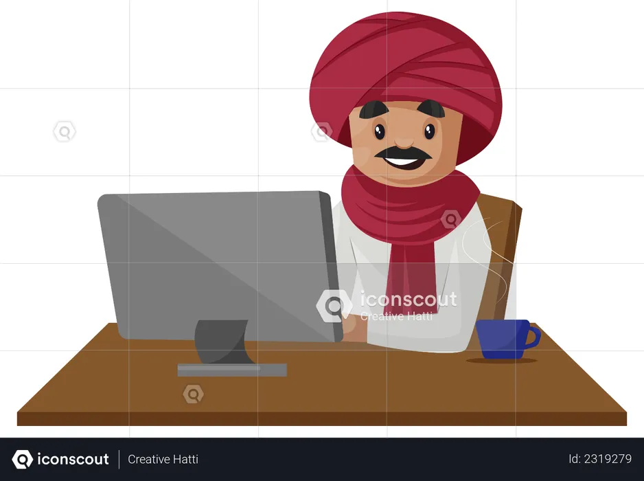Gujarati man working on computer  Illustration