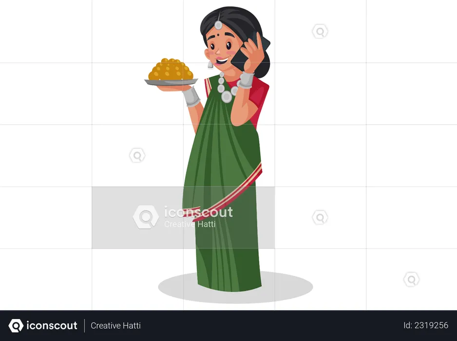 Gujarati woman is holding a sweets plate in hand and talking on mobile phone  Illustration