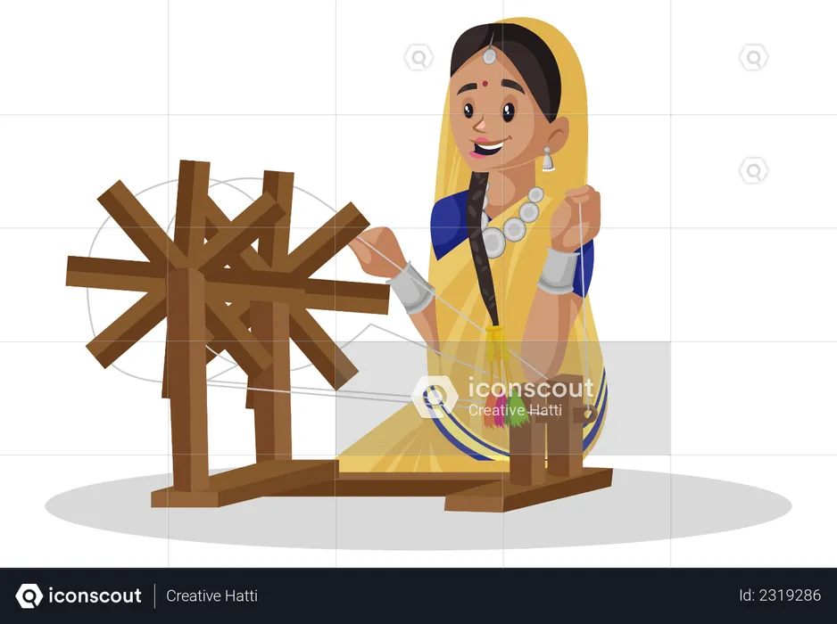Gujarati woman is working on a spinning wheel  Illustration