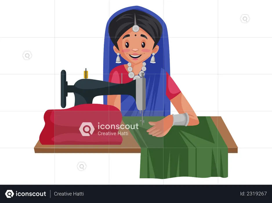 Gujarati woman is working on a stitching machine  Illustration