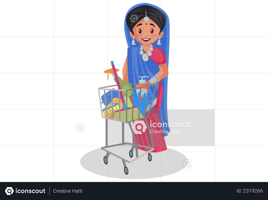 Gujarati woman standing with shopping cart  Illustration