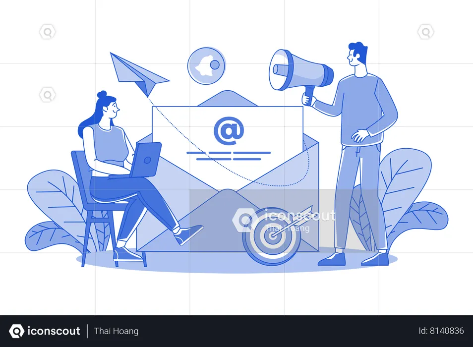 Guy and girl are engaged in email marketing  Illustration