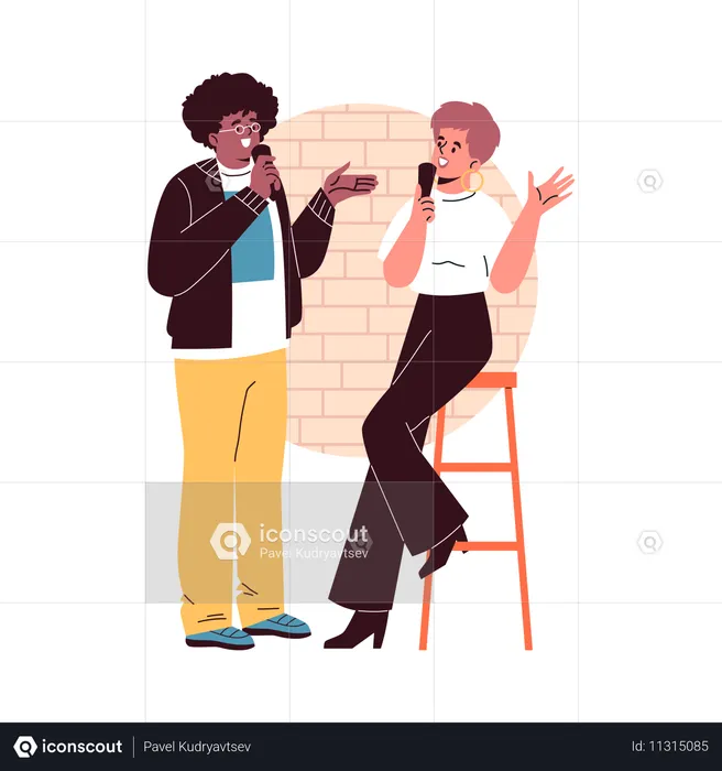 Guy and girl comedians uttering humorous dialogue  Illustration