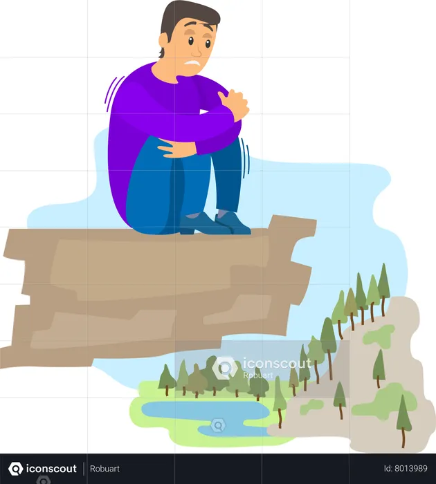 Guy at altitude suffers from acrophobia  Illustration