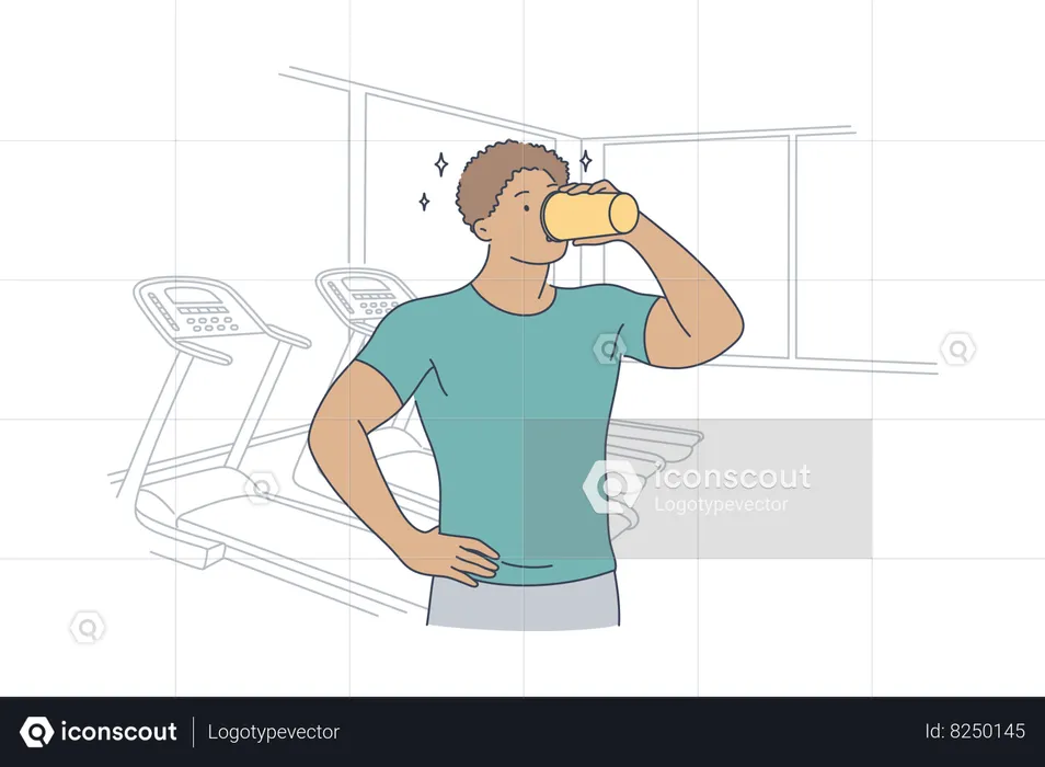 Guy athlete drinking protein cocktail  Illustration