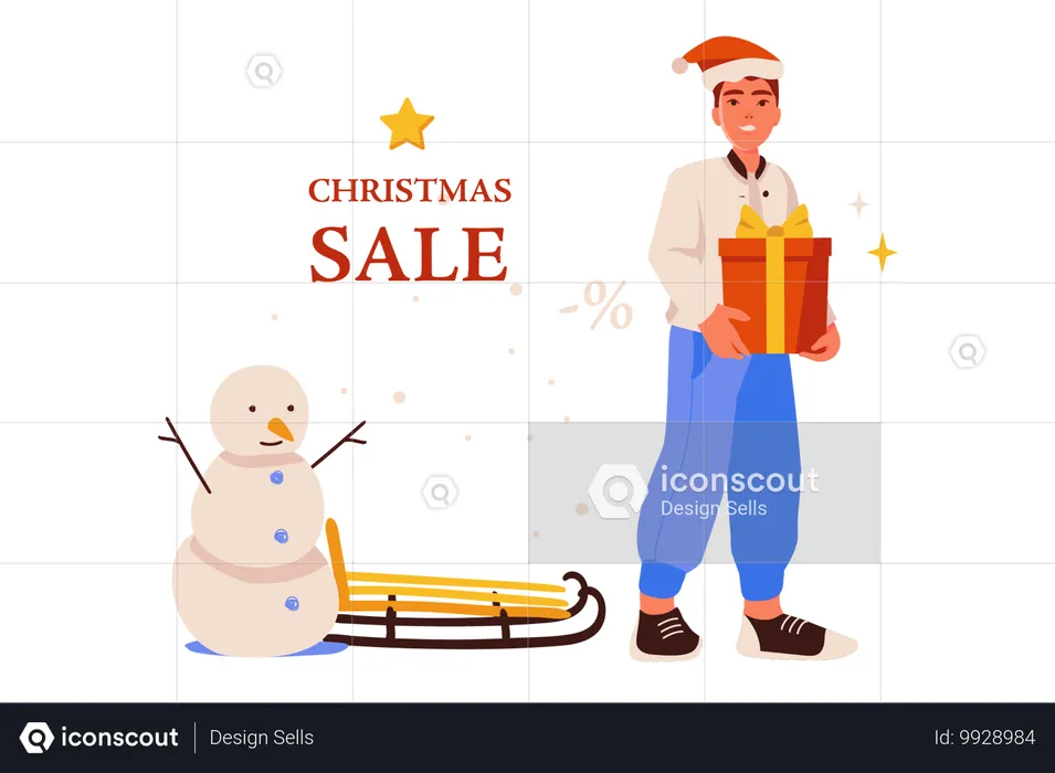 Guy buys Christmas gifts with discounts  Illustration