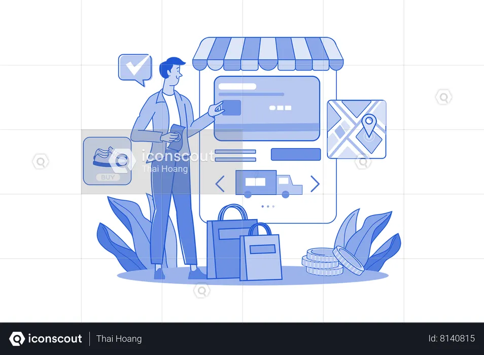 Guy choosing delivery and payment options  Illustration