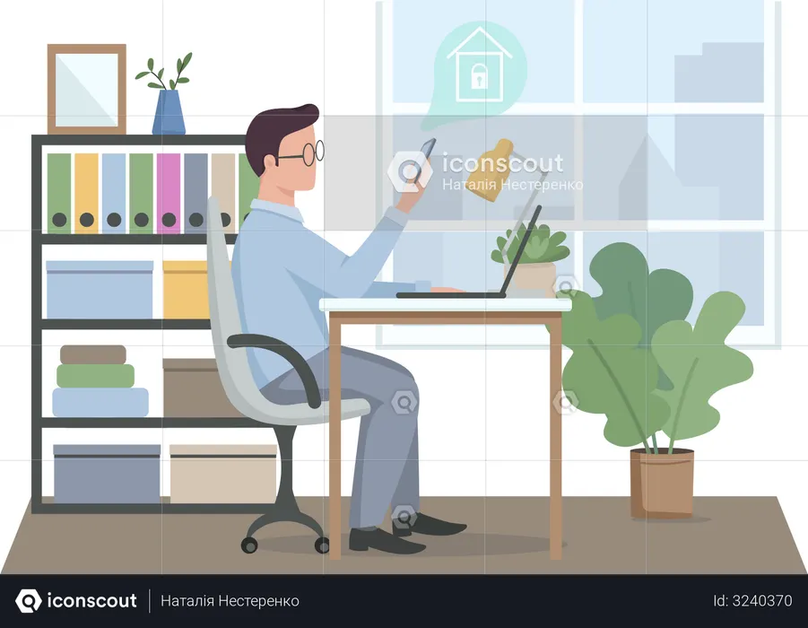 Guy controlling smart home security at work  Illustration