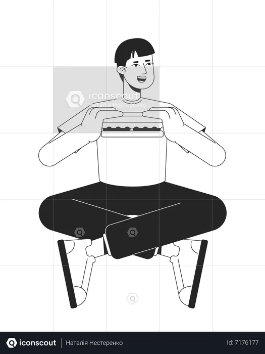 Guy eating sandwich in legs crossed posture  Illustration