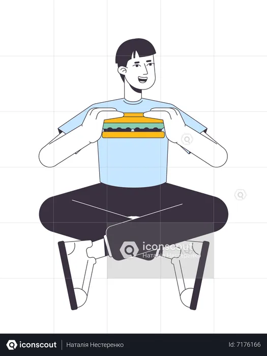 Guy eating sandwich in legs crossed posture  Illustration