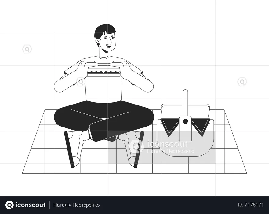 Guy eating sandwich on summer picnic  Illustration