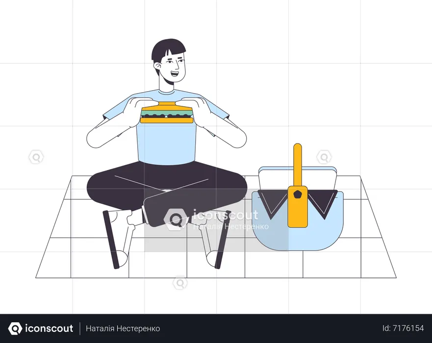 Guy eating sandwich on summer picnic  Illustration