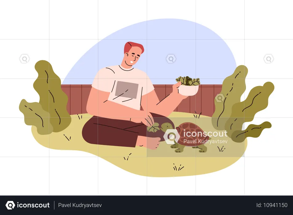 Guy feeding a turtle in the garden  Illustration