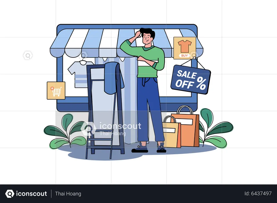 Guy Fitting Clothes In A Dressing Room At A Online Fashion Shop  Illustration