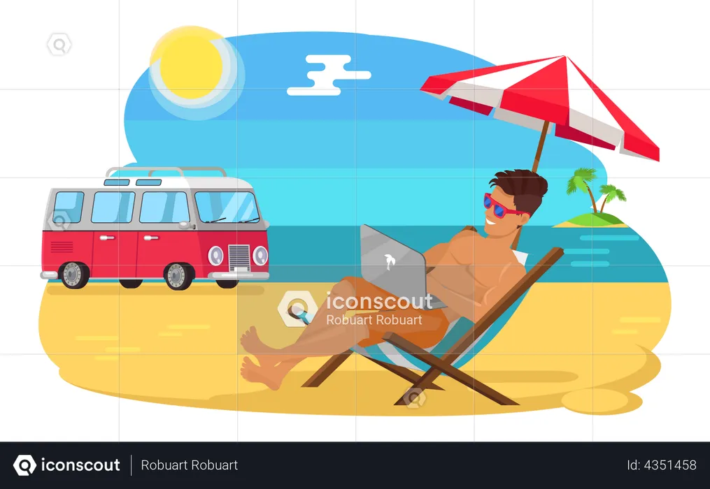 Guy freelancer with laptop working remotely on beach  Illustration