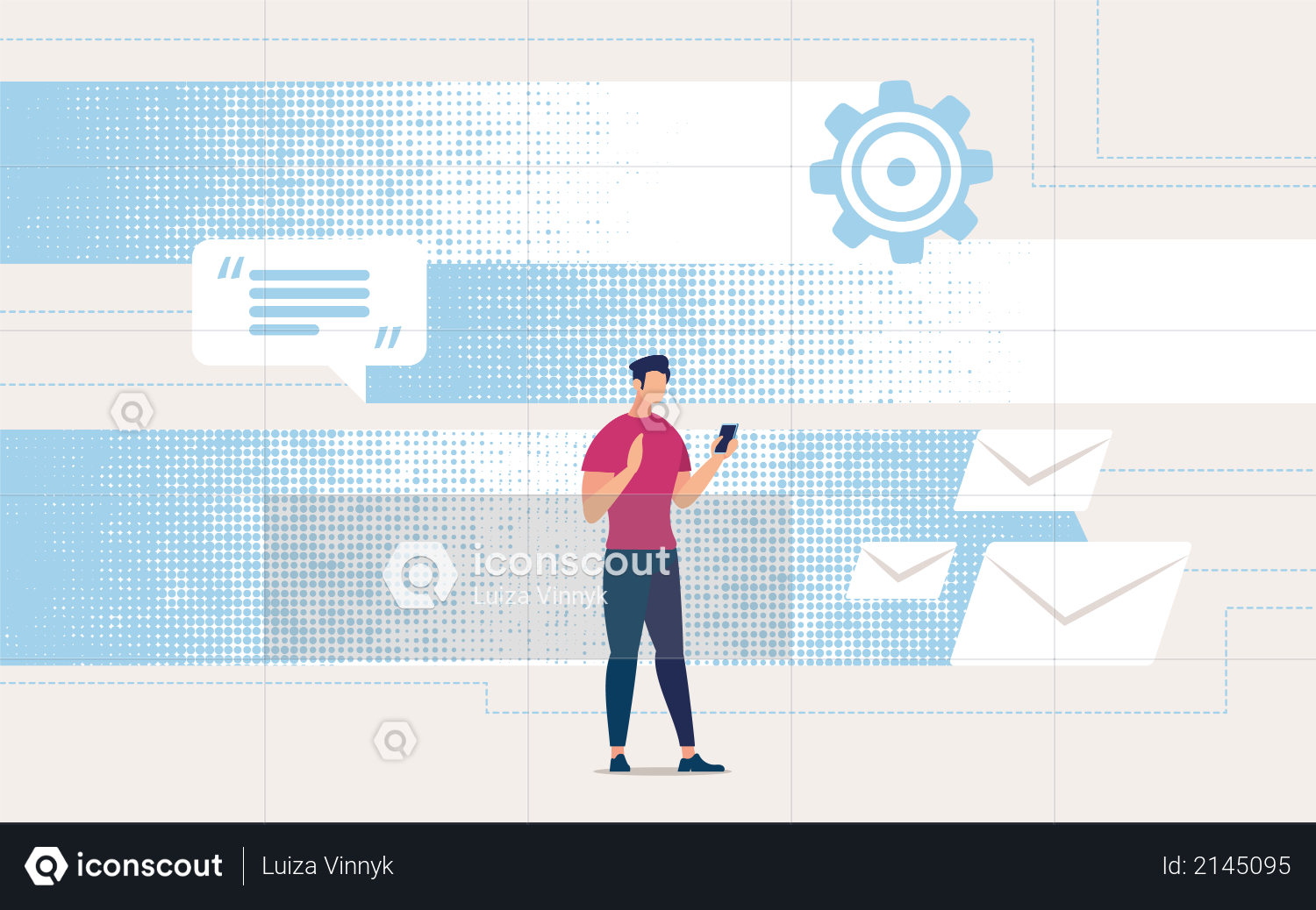 Guy in Casual Clothes Looks in Smartphone Messages and Email Illustration