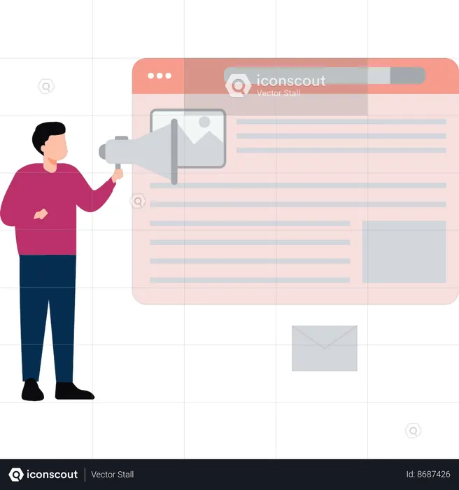 Guy is advertising for web page on marketing strategy  Illustration