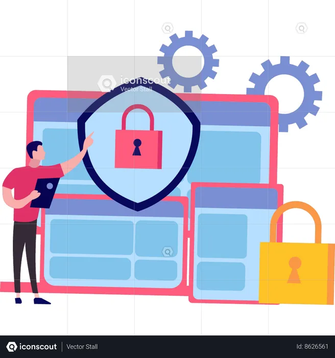 Guy is pointing to security protection for user account  Illustration
