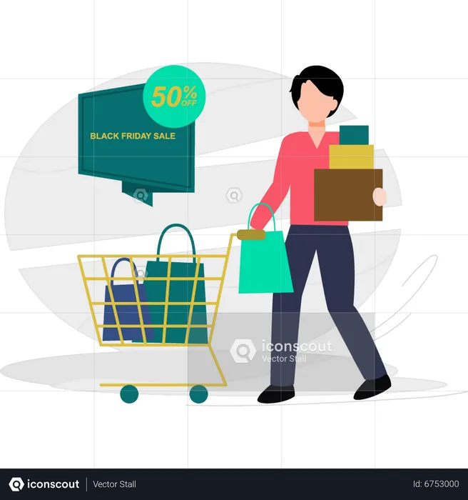 Guy is shopping at 50% off  Illustration