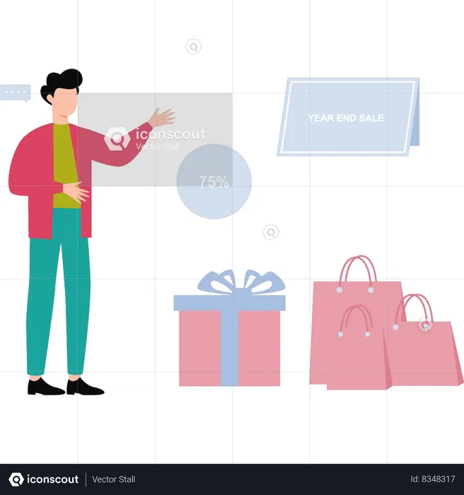 Guy is shopping at the end of year to enjoy huge discount  Illustration