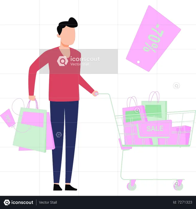 Guy is shopping on 70 percent sale  Illustration
