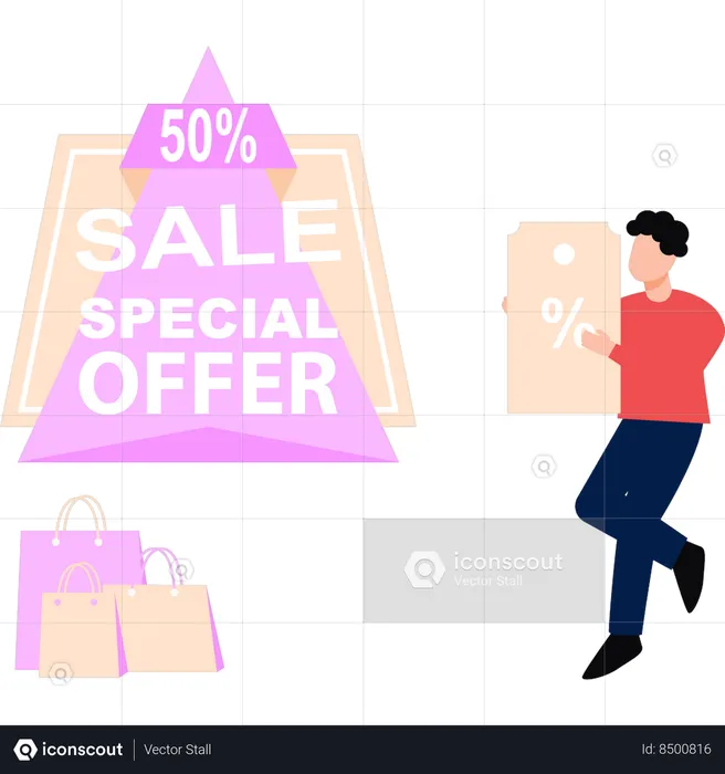 Guy is showing 50% sale special offer  Illustration