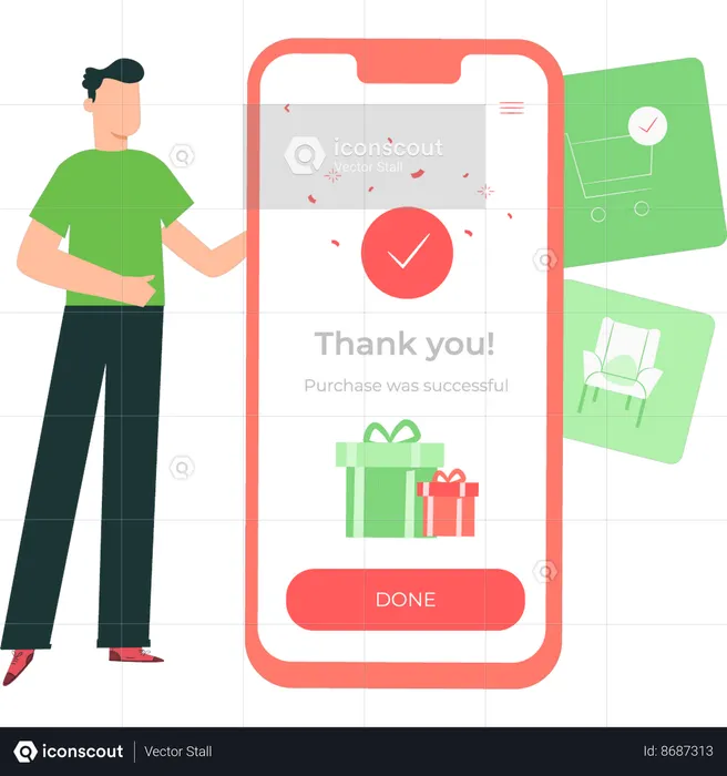 Guy is showing a thank you message after confirming the order  Illustration