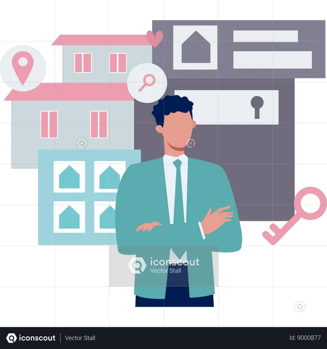 Guy is showing real estate house for rent  Illustration