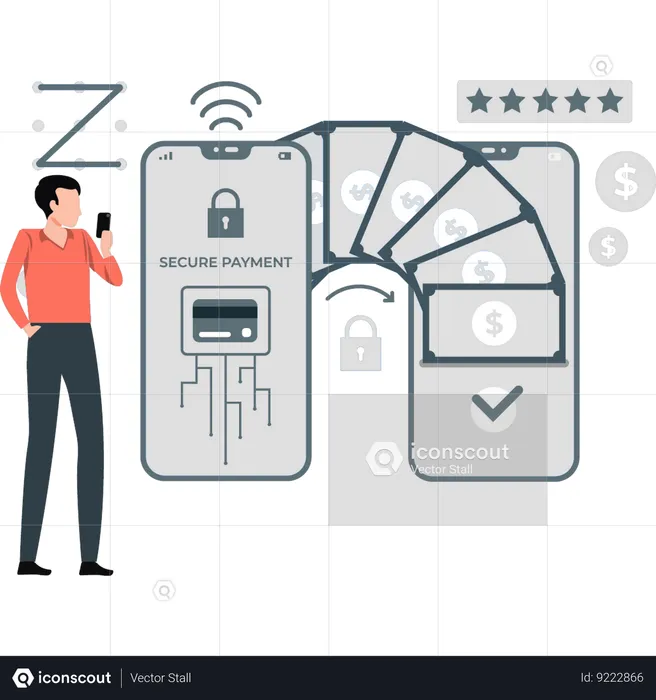 Guy is transferring money through secure payment  Illustration