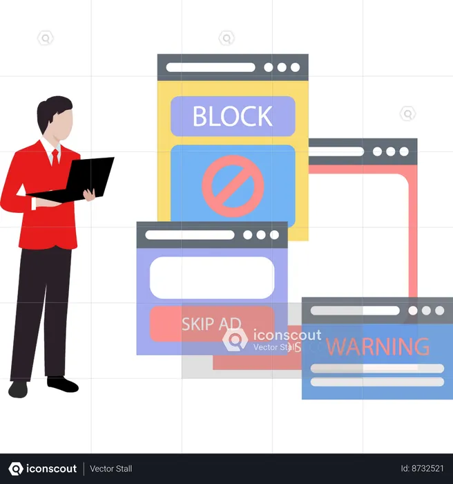 Guy is working on ad block popup on laptop.  Illustration