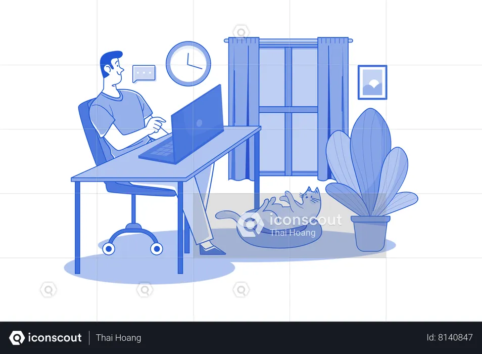 Guy is working on laptop at home  Illustration