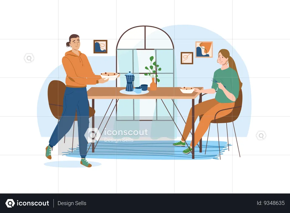 Guy lets the girl taste the salad he cooked himself  Illustration