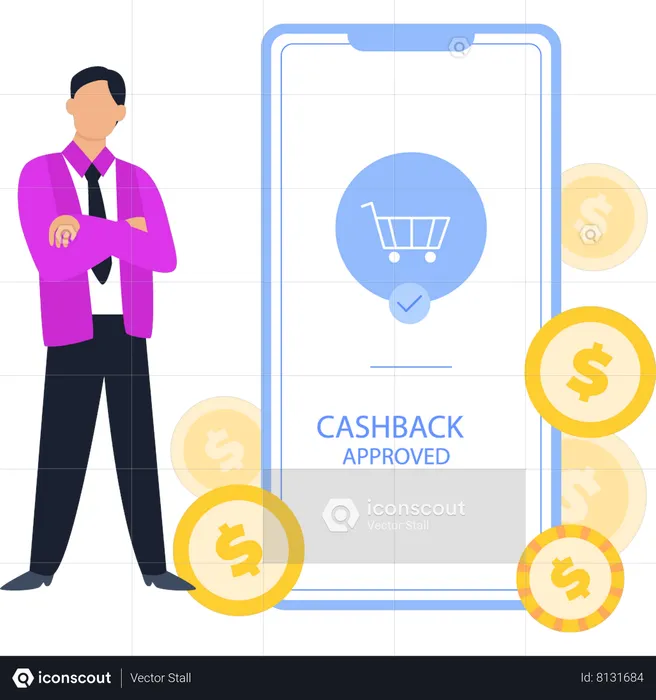 Guy Looking At Approved Cashback  Illustration