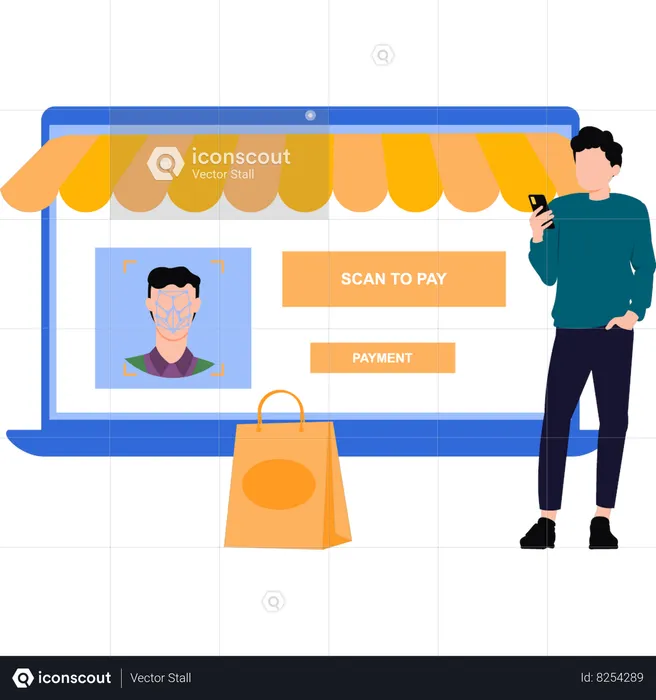 Guy scanning face for payment  Illustration