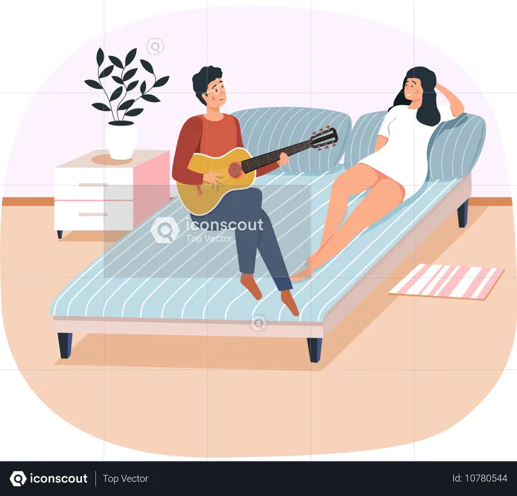 Guy sings with guitar for his girlfriend  Illustration