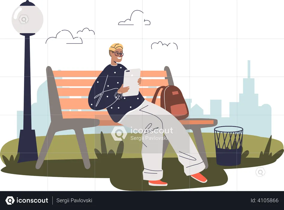 Guy sit on bench holding tablet  Illustration