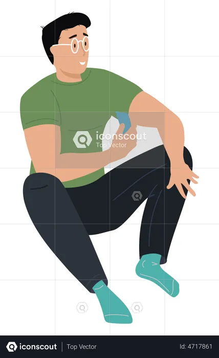 Guy sitting on floor holds card in his hands  Illustration
