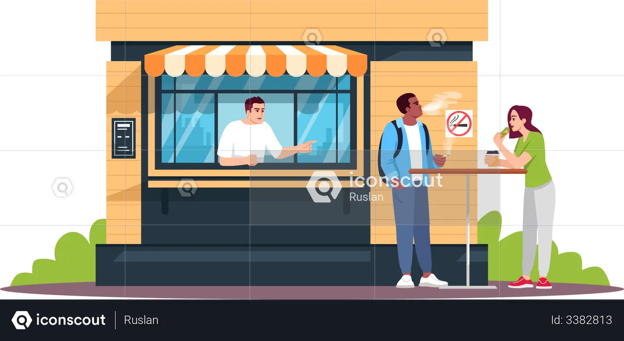 Guy smoking next to snack bar  Illustration