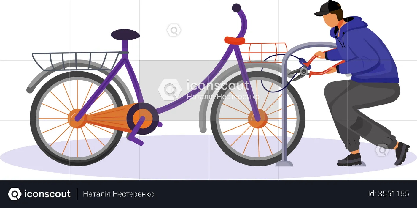 Guy stealing bicycle attached to bike rack  Illustration