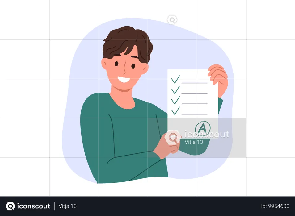 男子生徒がA評価のテストを見せ、一生懸命勉強したおかげで得た優秀な成績を誇らしげに語る  イラスト