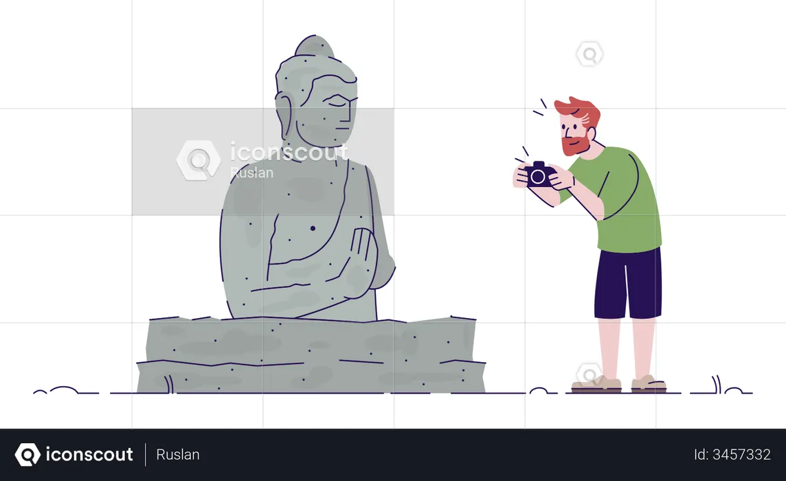 Guy taking photo of Buddha statue  Illustration