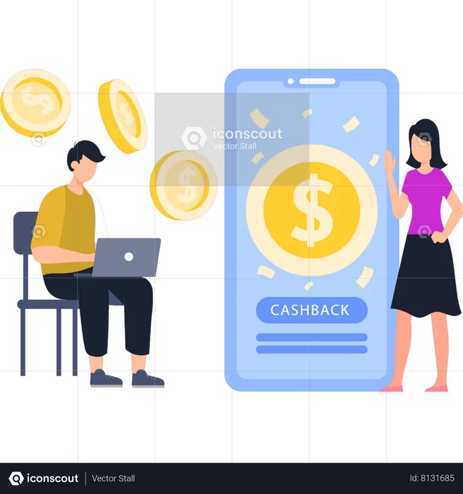 Guy Using Laptop And Getting Cashback  Illustration