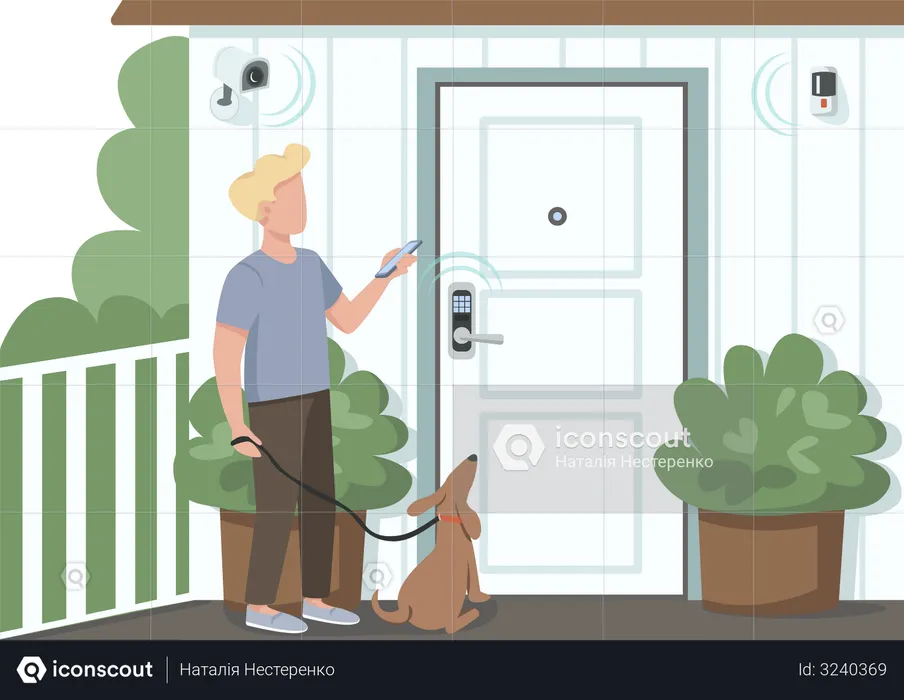 Guy using smart home security  Illustration